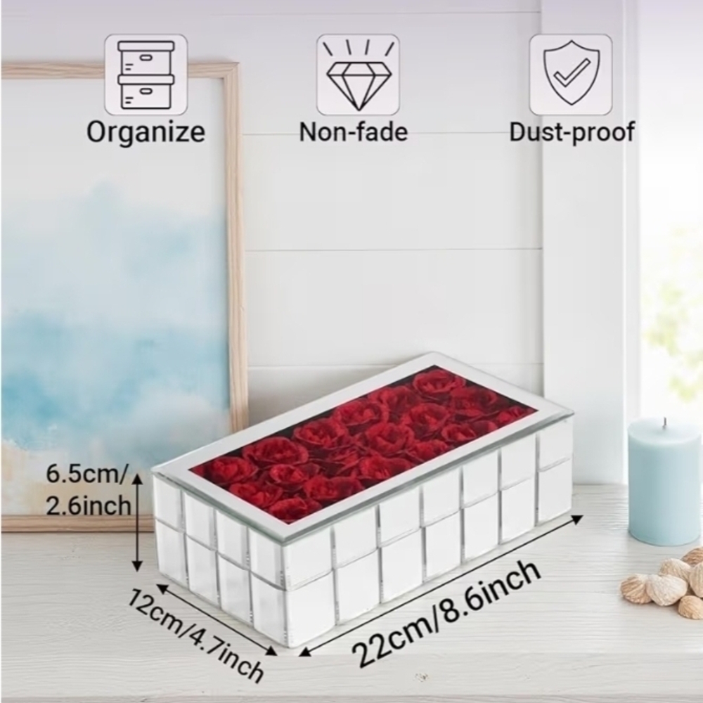 Mirrored Rose Jewelry Box Red Eternal Roses Glass Ring Organizer Gift